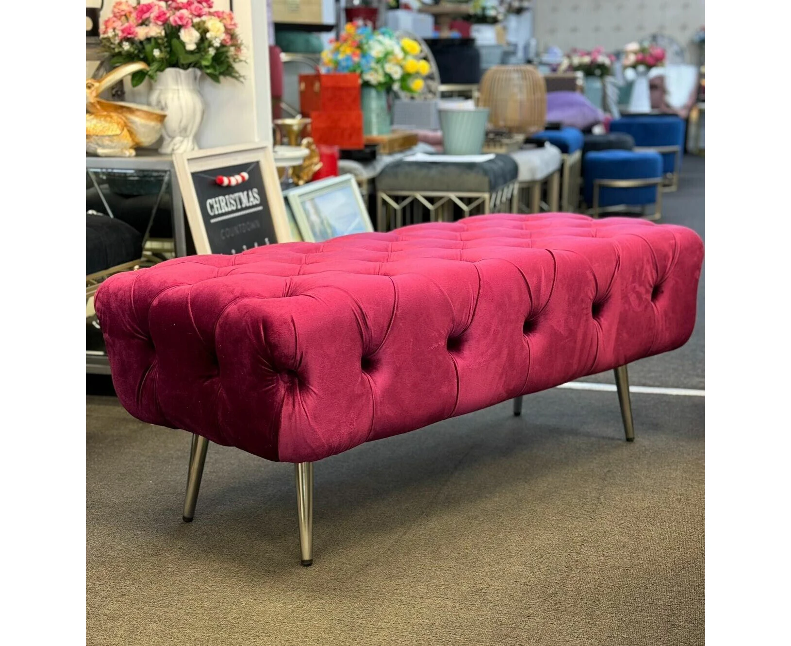 Bed end velvet rec bench with chrome silver feet - claret red