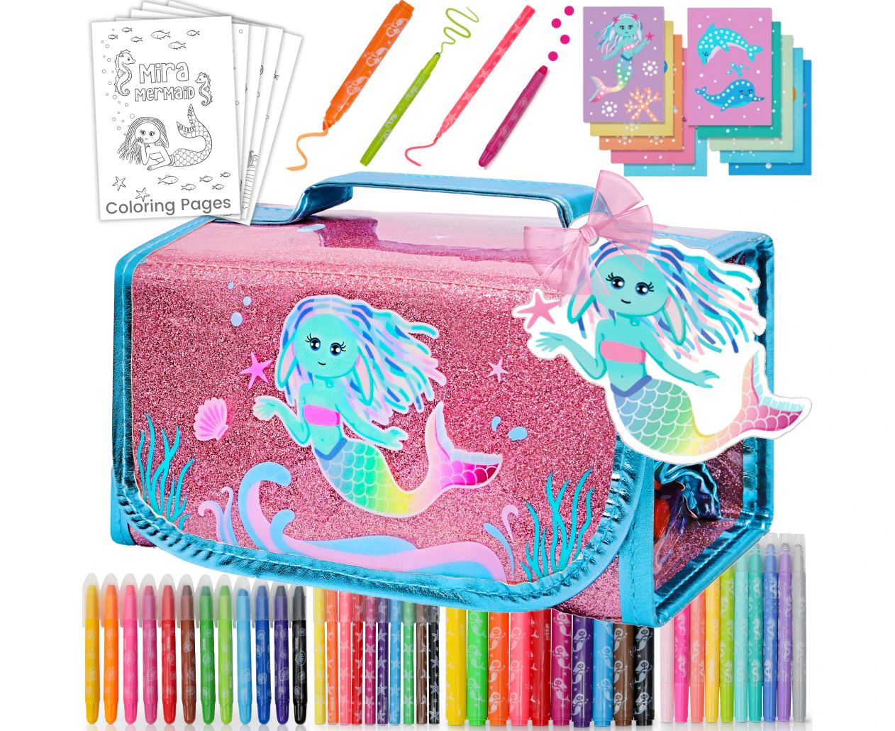 Scented Markers For Kids - Art Kits for Kids - Mermaid Gifts For Girls, Coloring Kit Includes Smelly Markers, Dot Markers, Sparkly Mermaid Pencil Case