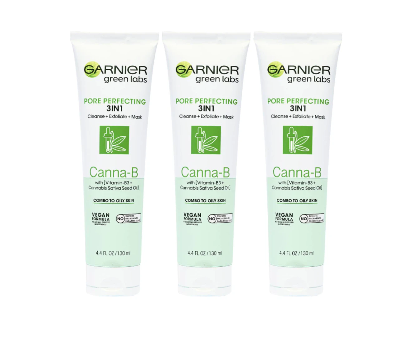 3 x Garnier Green Labs Pore Perfecting 3 in 1 Cleanse Exfoliate Mask Canna B 130mL