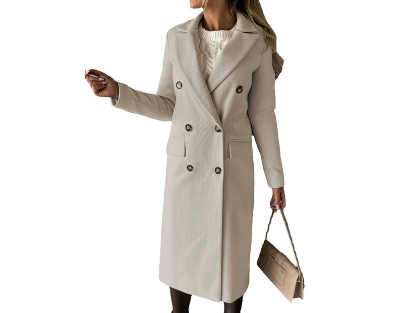 Women's Winter Mid-Long Coat Double-Breasted Lapel Jacket Outwear-Beige