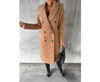 Women's Winter Mid-Long Coat Double-Breasted Lapel Jacket Outwear-Beige