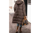 Women's Puffer Jacket Quilted Hooded Long FLeece Lined Cotton Coat-Dark brown