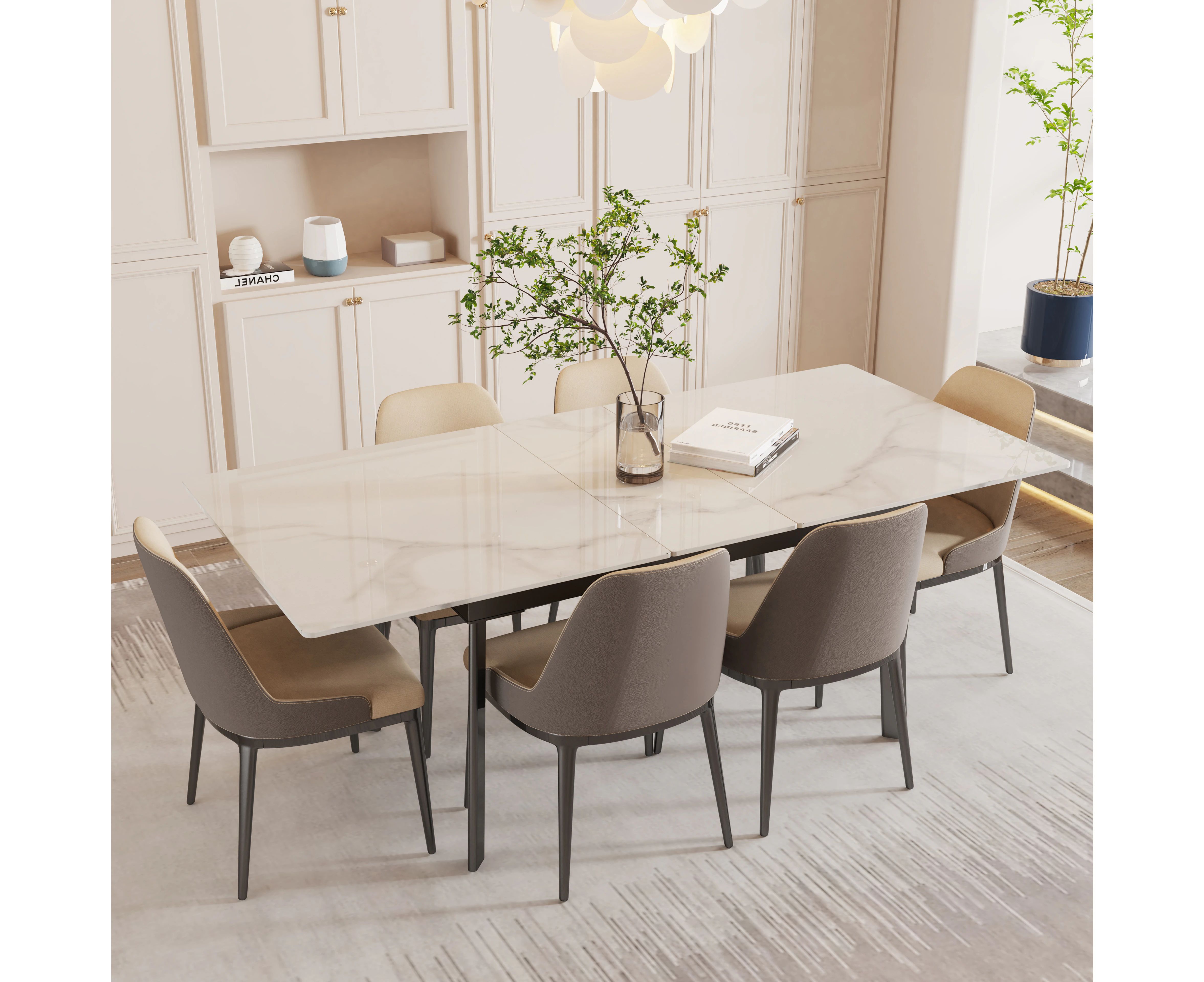 UNHO Sintered Stone Dining Table 1.3M-1.6M Extendable Kitchen Dining Table with Stee Legs - Glossy White