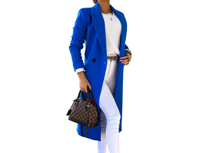 Women's Notch Lapel Double Breasted Mid Long Trench Coat-blue