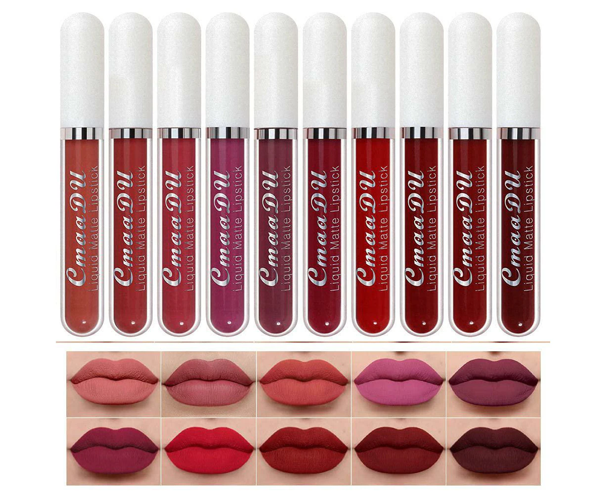 10Pcs Dark Red Liquid Matte Matt Lipstick Set Long Lasting 24 Waterproof Smudge Proof Liquid Catsuit Matte Bulk Lipstick Set for Black Women