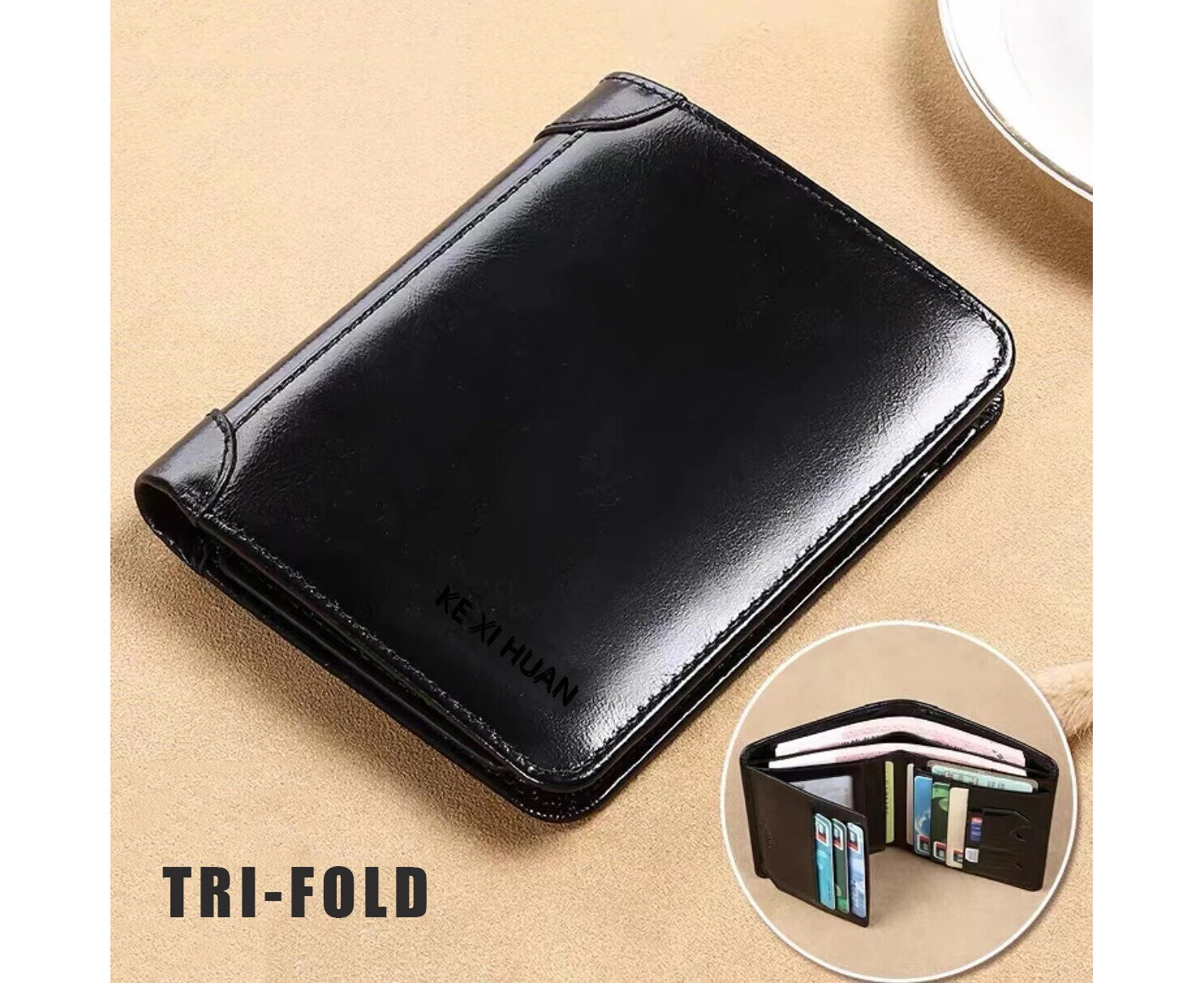 Men's Wallets RFID Blocking Genuine Leather Trifold Business Short Purse Wallet for Men with ID Window and Credit Card Holder—Black