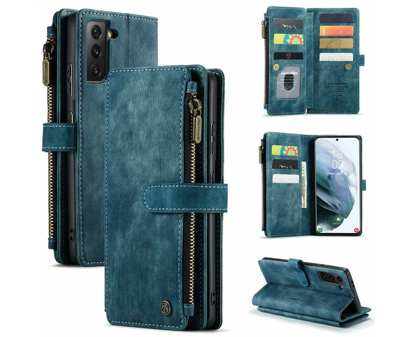 For Galaxy A15 5G Caseme Double Wallet Flip Zipper Holder Phone Case - Blue