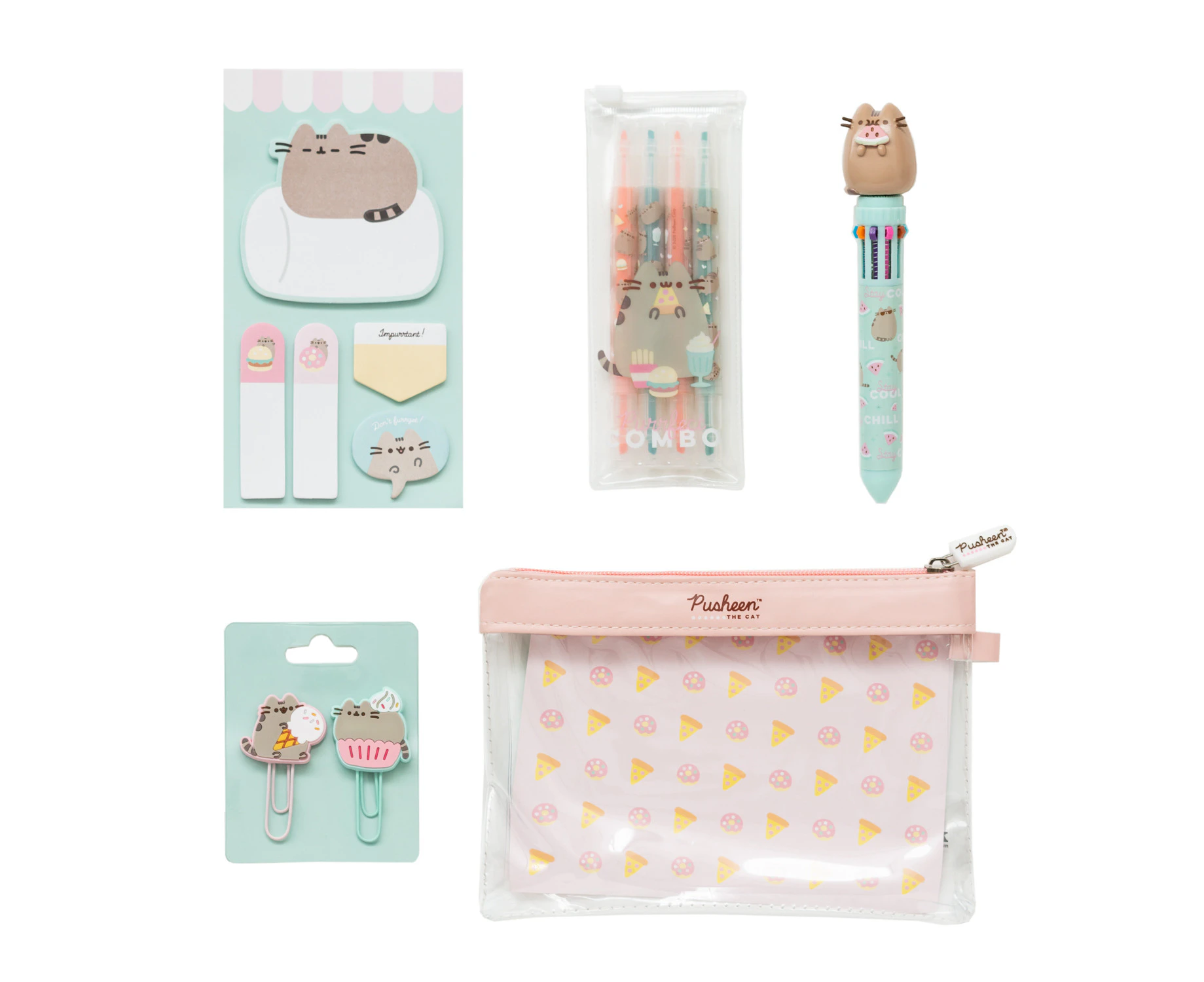 Pusheen Foodie Stationery Set - Ballpoint Pen 10 Colours - Large Pencil Case - Paper Clips - 4 Pastel Highlighters - MKTP