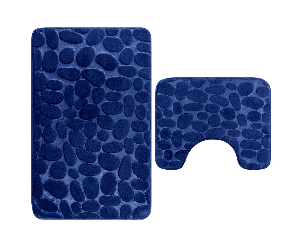 2Pcs Mat and U-Shaped Pebbles Mat Bath Pedestal Memory Foam Set Non Slip Soft Toliet Rug Bathroom-Navy Blue