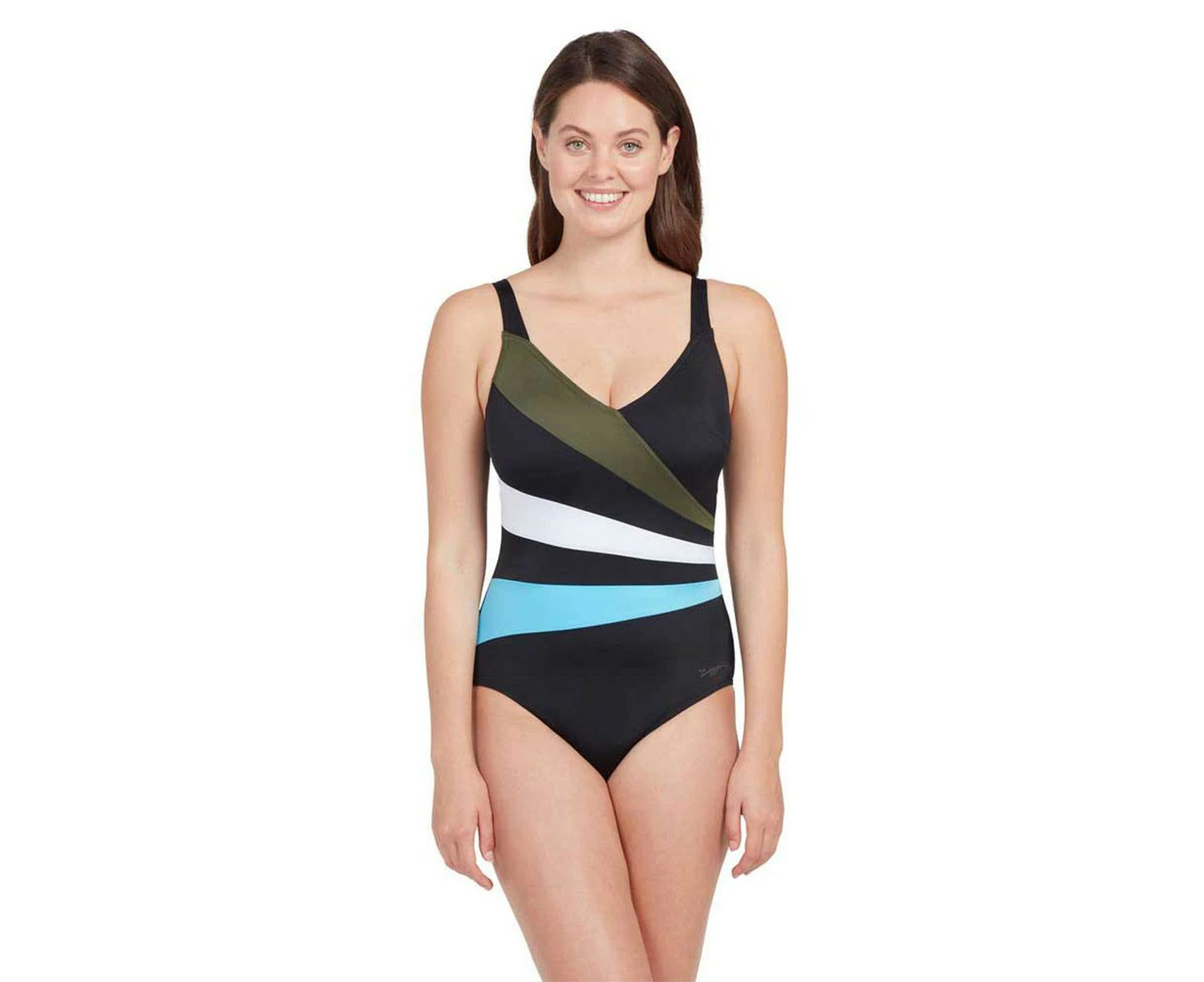 Zoggs Wrap Panel Classicback Swimsuit - Khaki/White/Light Blue