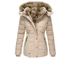 Women's Winter Coat Thicken Puffer Jacket Warm FLeece Lined Parka with Fur Hood-Apricot