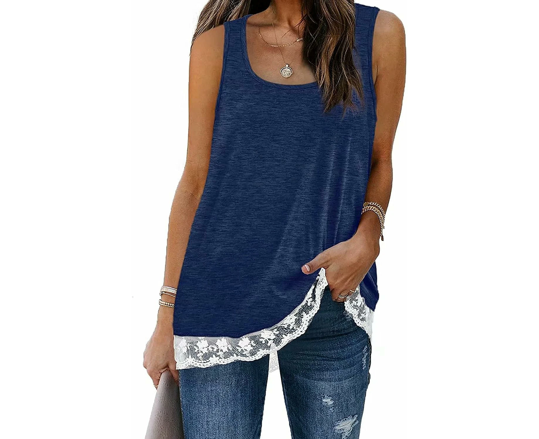 Womens Blouse Summer U Neck Sleeveless Blouses Lace Trim T-Shirts-Dark Blue