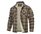 Men's Cotton Plaid Long Sleeve Jacket Fleece Lined Flannel Sherpa Button Down Coat-Khaki color