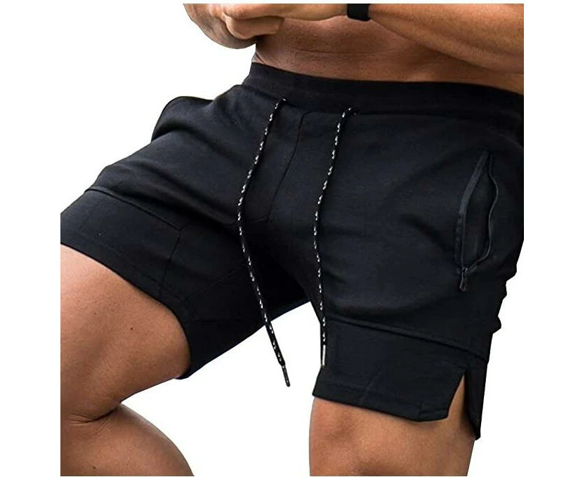 Men's Sweat Shorts Workout Gym Shorts Lounge Shorts with Zipper Pockets-Black~