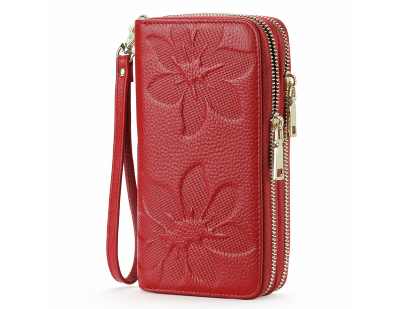 Women's Wallet Large Capacity Double Zip Around Credit Card Holder Leather Ladies Wallet with RFID Blocking Phone Wristlet Purse Red