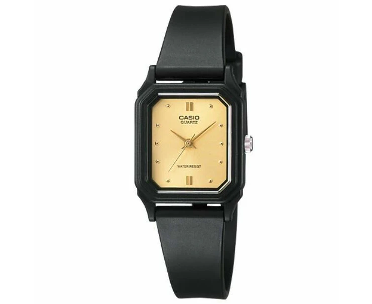 Casio LQ 142E 9A Black with Gold Dial Women's Small Casual Analog Watch