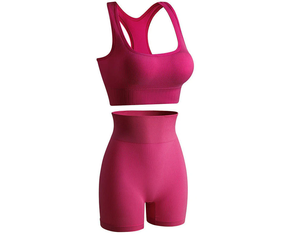 Women’s 2 Piece Workout Sets - Seamless Ribbed Legging Shorts and Sports Bra Yoga Activewear Set-Wine red