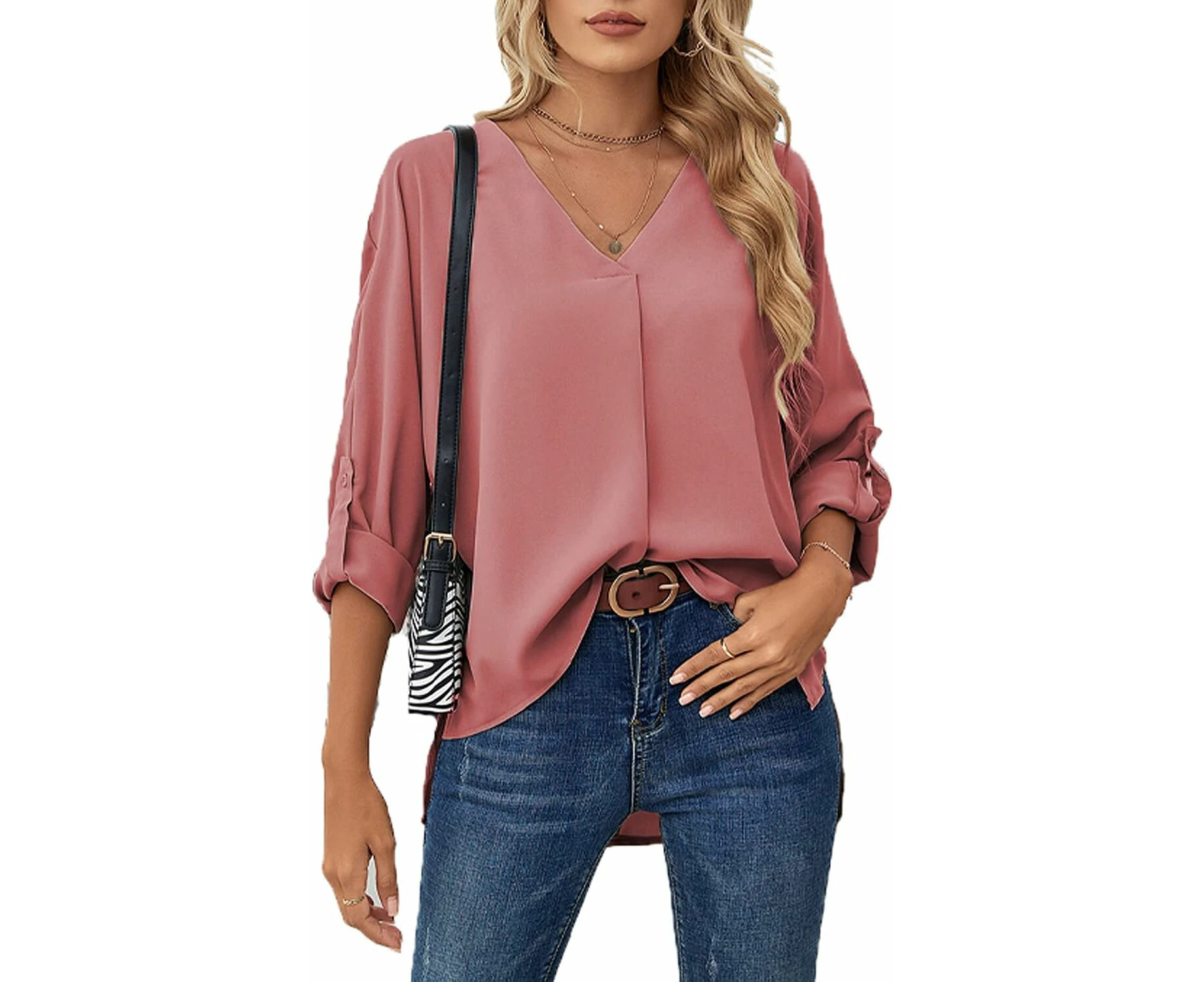 Womens Blouse Chiffon Elegant V-Neck Long Sleeve Business Work Shirt Tops-Pink