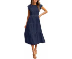 Womens Elegant Midi Maxi Dress Plain Summer Dresses-Navy