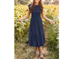 Womens Elegant Midi Maxi Dress Plain Summer Dresses-Navy