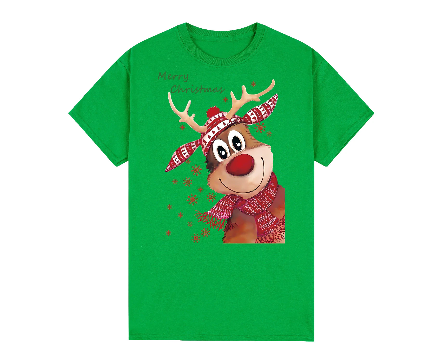 100% Cotton Christmas T-shirt Adult Unisex Tee Tops - Reindeer (Green)