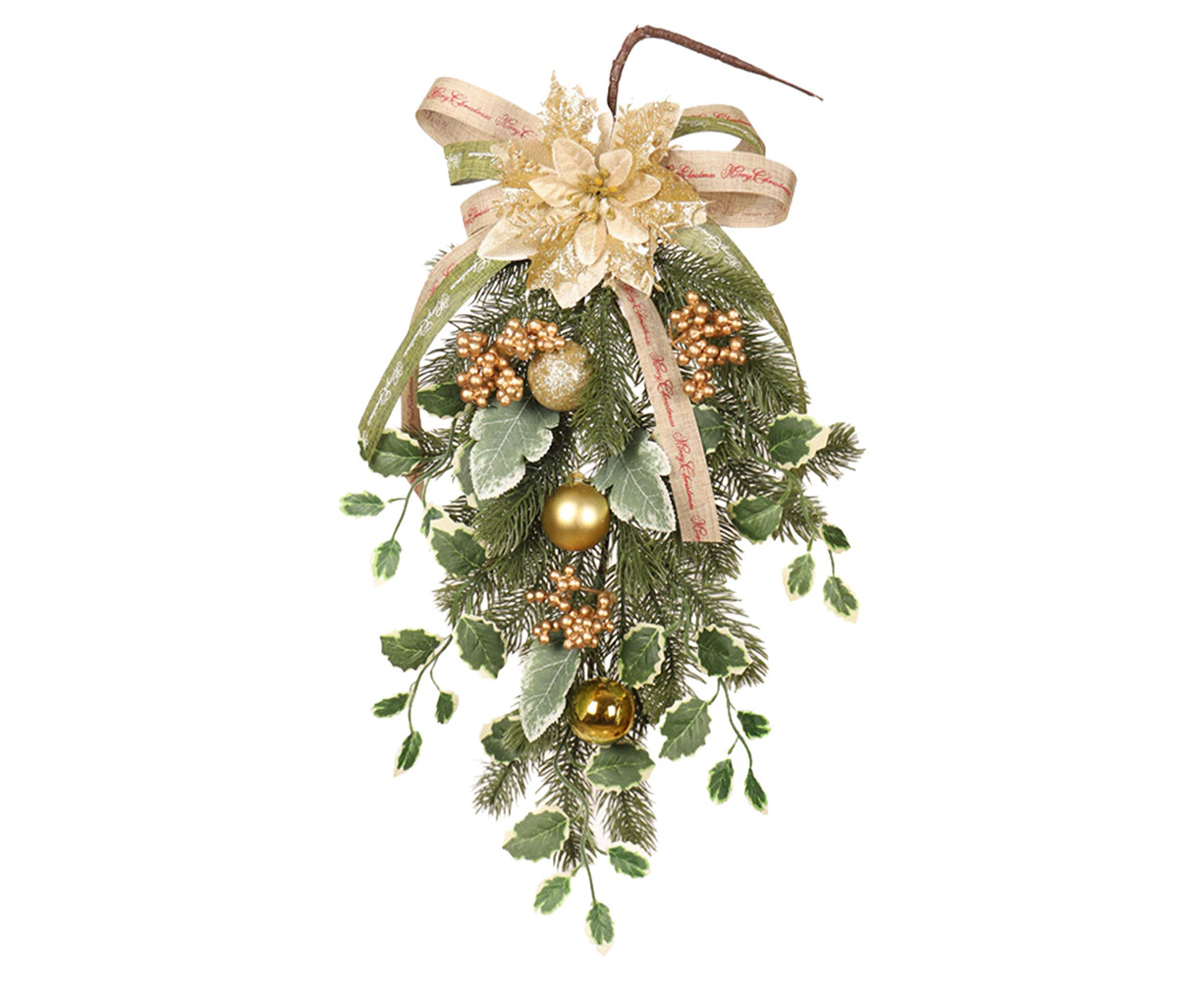 Christmas Wreath, Pre-Lit Artificial Christmas Teardrop, Golden Christmas Flower PE Upside Down Tree with Berries and Bow