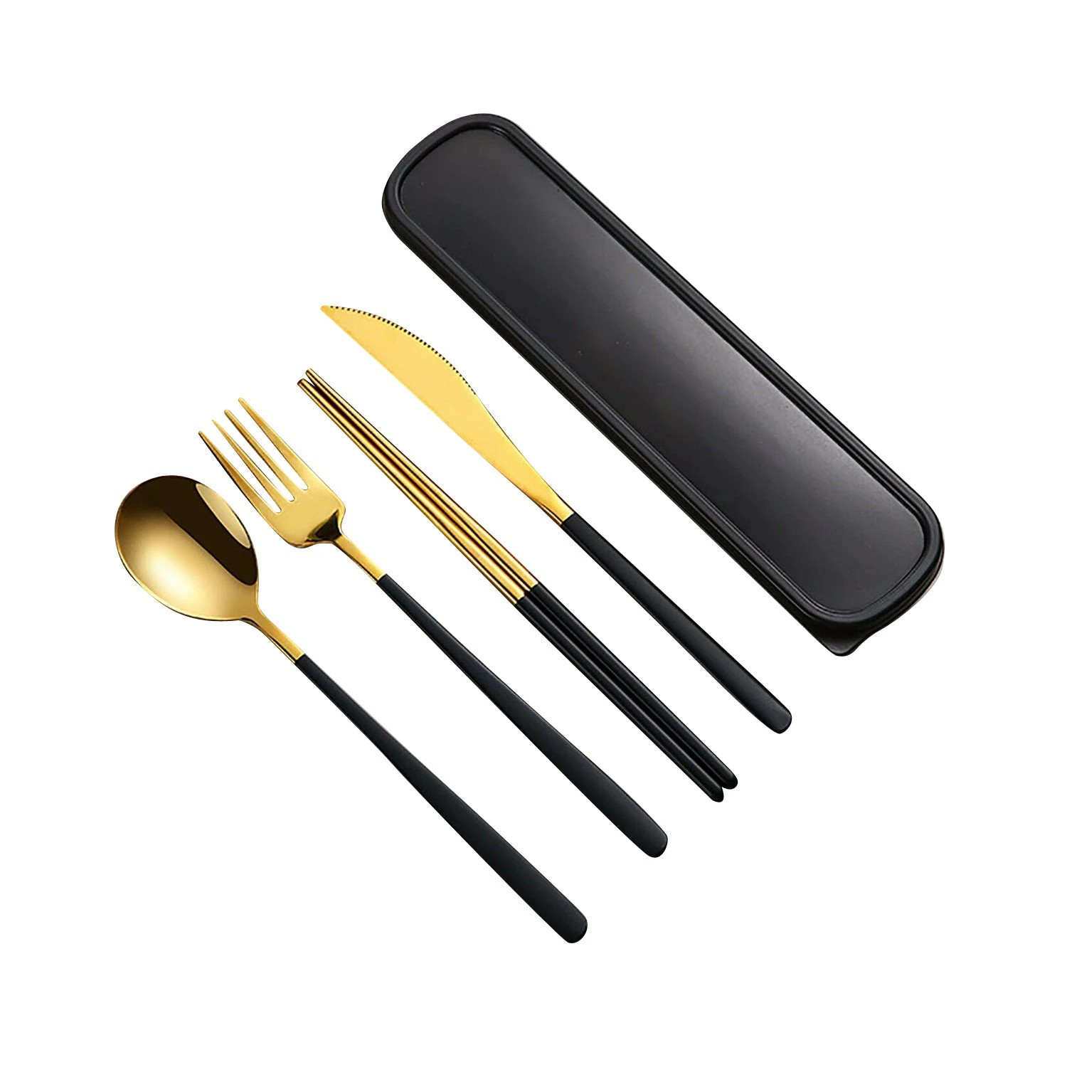 6pcs/set Cutlery Set Stainless Steel Spoon Fork Knife Chopsticks Travel Box Bag - Gold Black