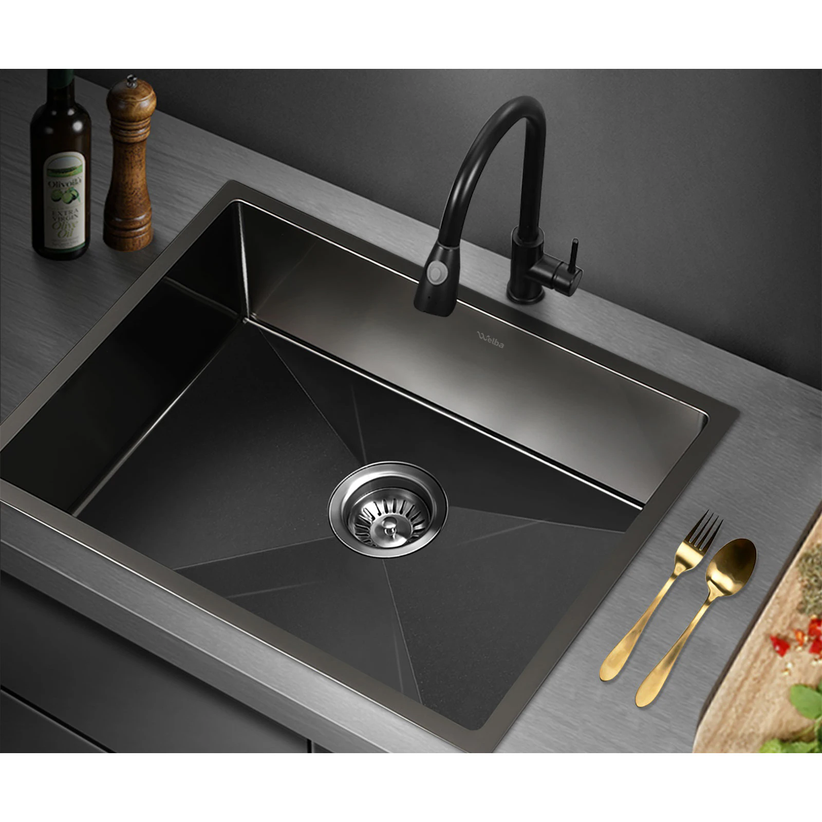 Welba Kitchen Sink Stainless Steel Basin Single Under/Top/Flush Mount 60X45CM