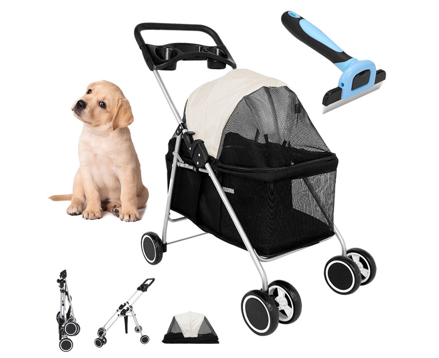 4 Wheels Pet Stroller Dog Cat Travel Pushchair Foldable Pram Cleaning Brush Comb