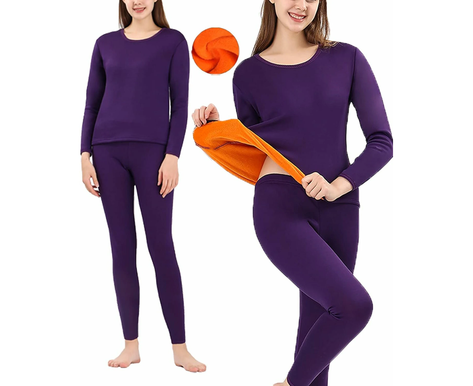 Women's Thermal Underwear Set Inner Fleece Thick Warmer Top & Thermal Pants Leggings - Purple 1