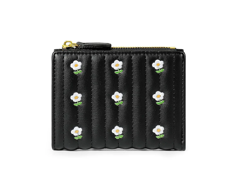 Small Wallet for Girls Women Trifolded Wallet Cash Pocket Card Holder Coin Purse with ID Window elegant youthful and cute flowersbalck