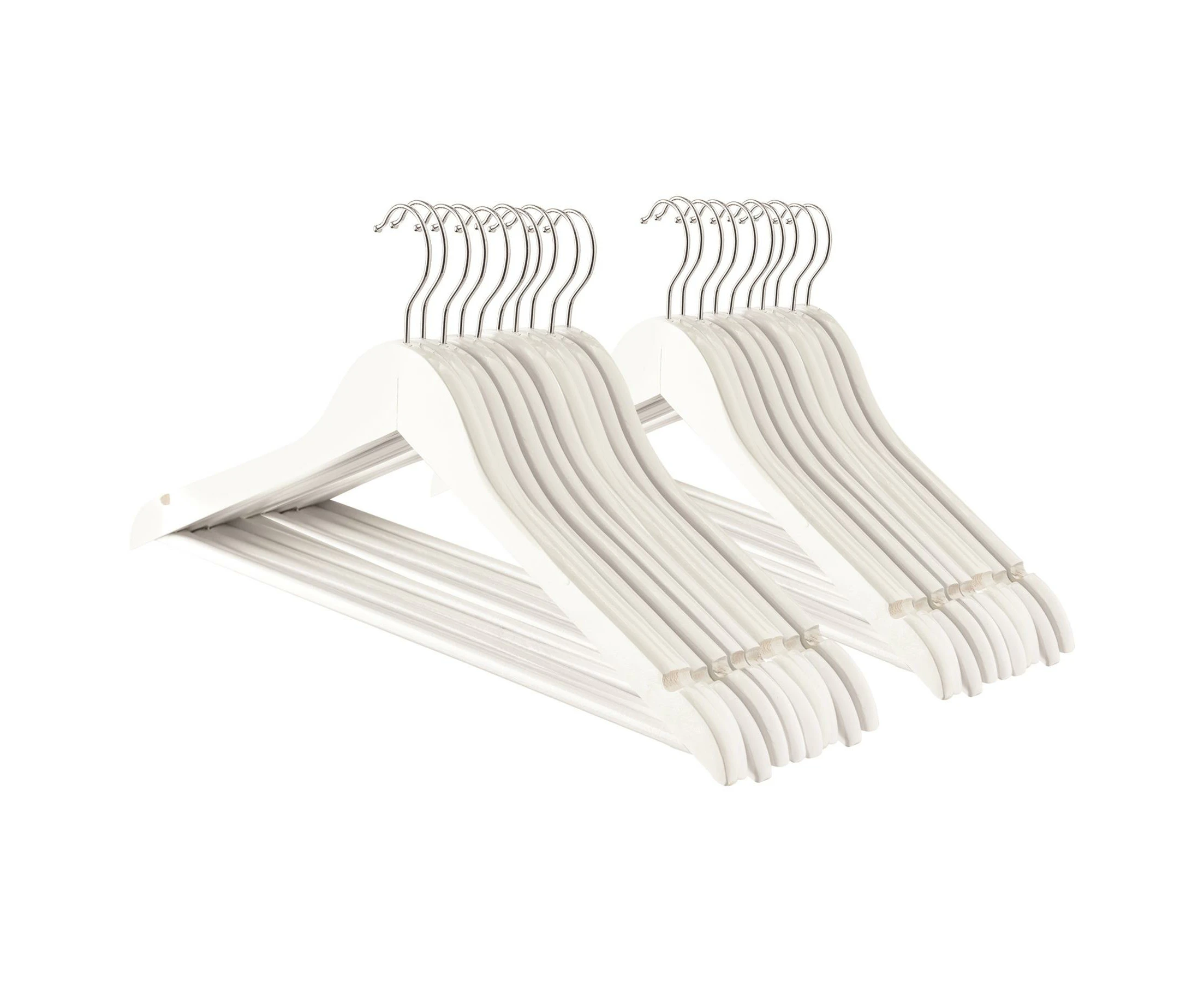 20x White Wooden Coat Hangers - Adult Wardrobe Closet Suit Clothes Storage Hanger Pack with Metal Hook, Trouser Rail - By Harbour Housewares