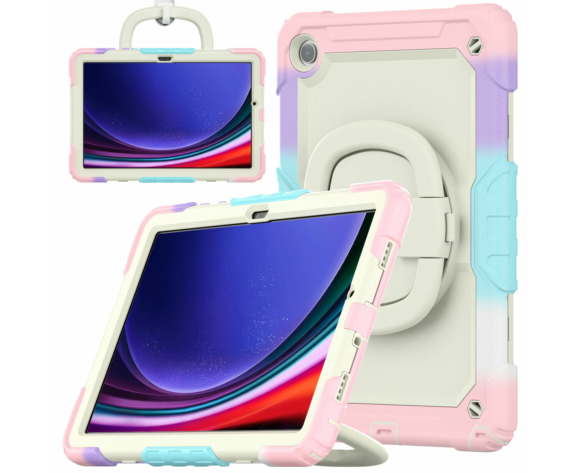 For New Samsung Galaxy Tab A9 SM-X110 / X115 8.7" Handle Ring Stand Survivor Case Built-in Screen Protector Cover - Rainbow+ Pink