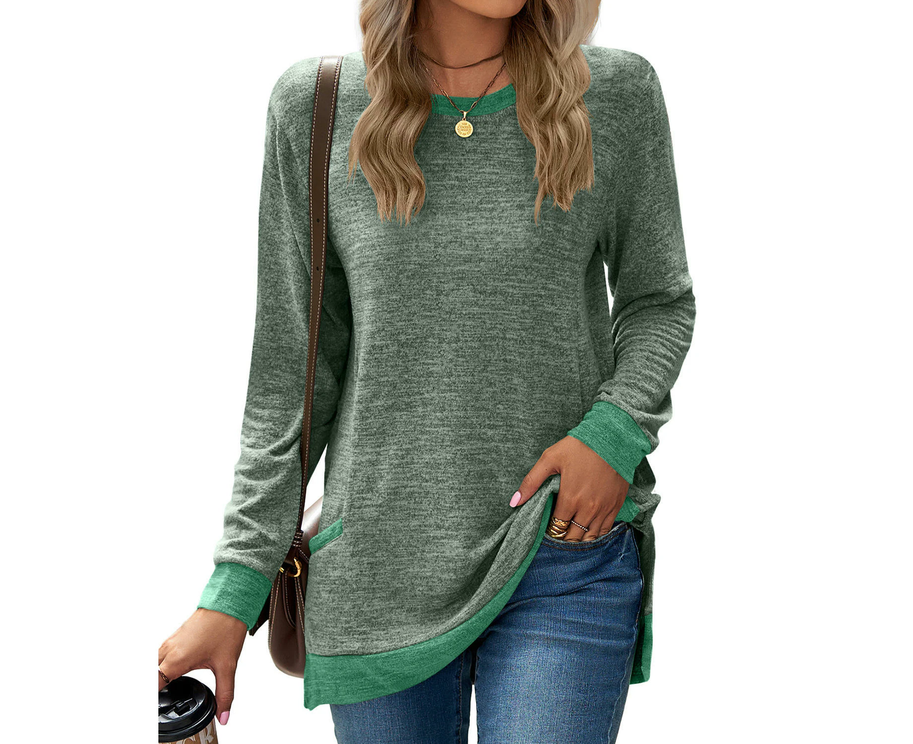 Women's Casual Long Sleeve Color Block Tops Crewneck Loose Fit T Shirt with Pockets-Military Green