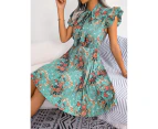 Women's Workwear Pleated Mini Dress Bow Tie Business Casual Office Dress Ruffle Sleeveless Floral A-Line Summer Dresses-green