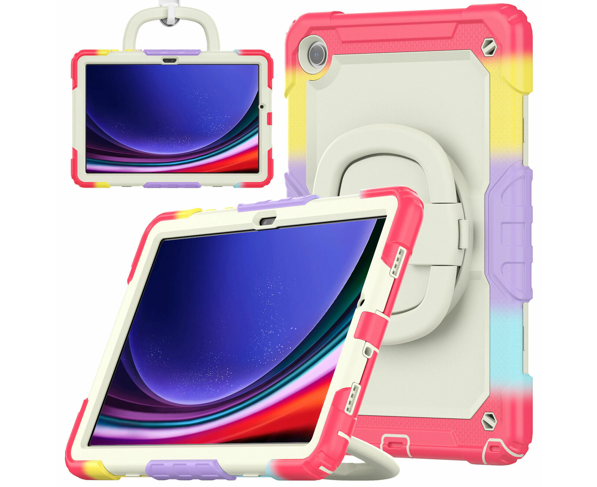 For New Samsung Galaxy Tab A9+ SM-X210 / X215 11" Handle Ring Stand Survivor Case Built-in Screen Protector Cover - Rainbow+ Red