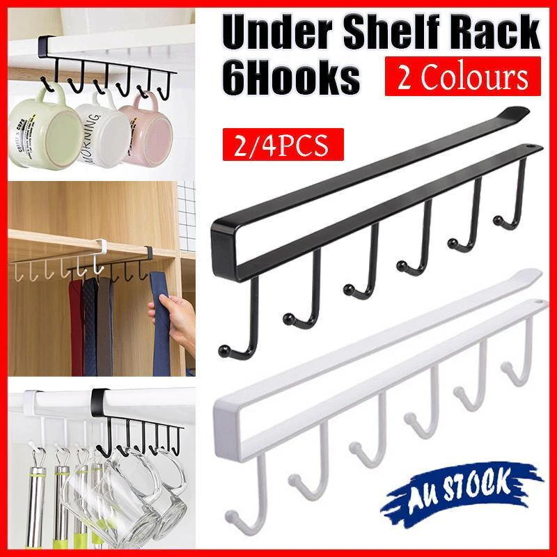 6Hook Mug Cup Rack Holder Under Shelf Kitchen Cabinet Hanger Organiser Wardrobe - White