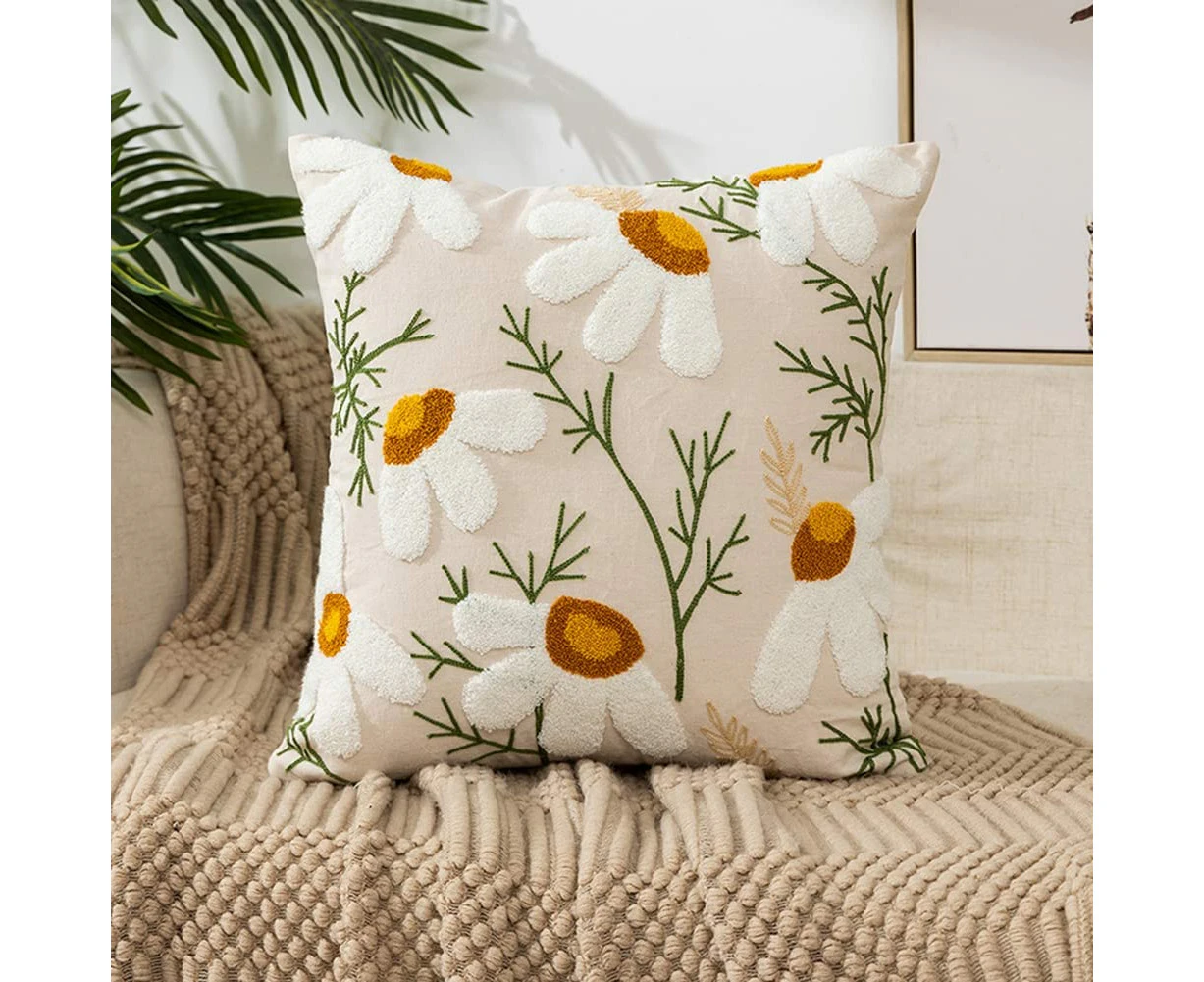 Embroidered Throw Pillow Cover Floral Tufted Woven Decorative Pillowcase Square Accent Cushion Cover for Sofa Couch Bedroom, No Insert (Floral F,18"x18")