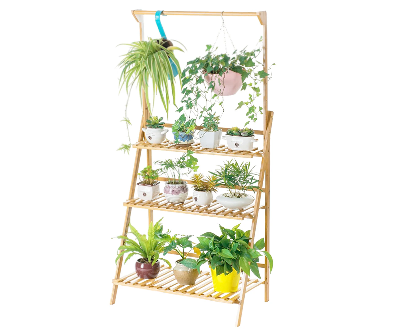 DelSol Bamboo 3 Tier Hanging Plant Stand Planter Shelves Flower Pot Organizer Rack Display