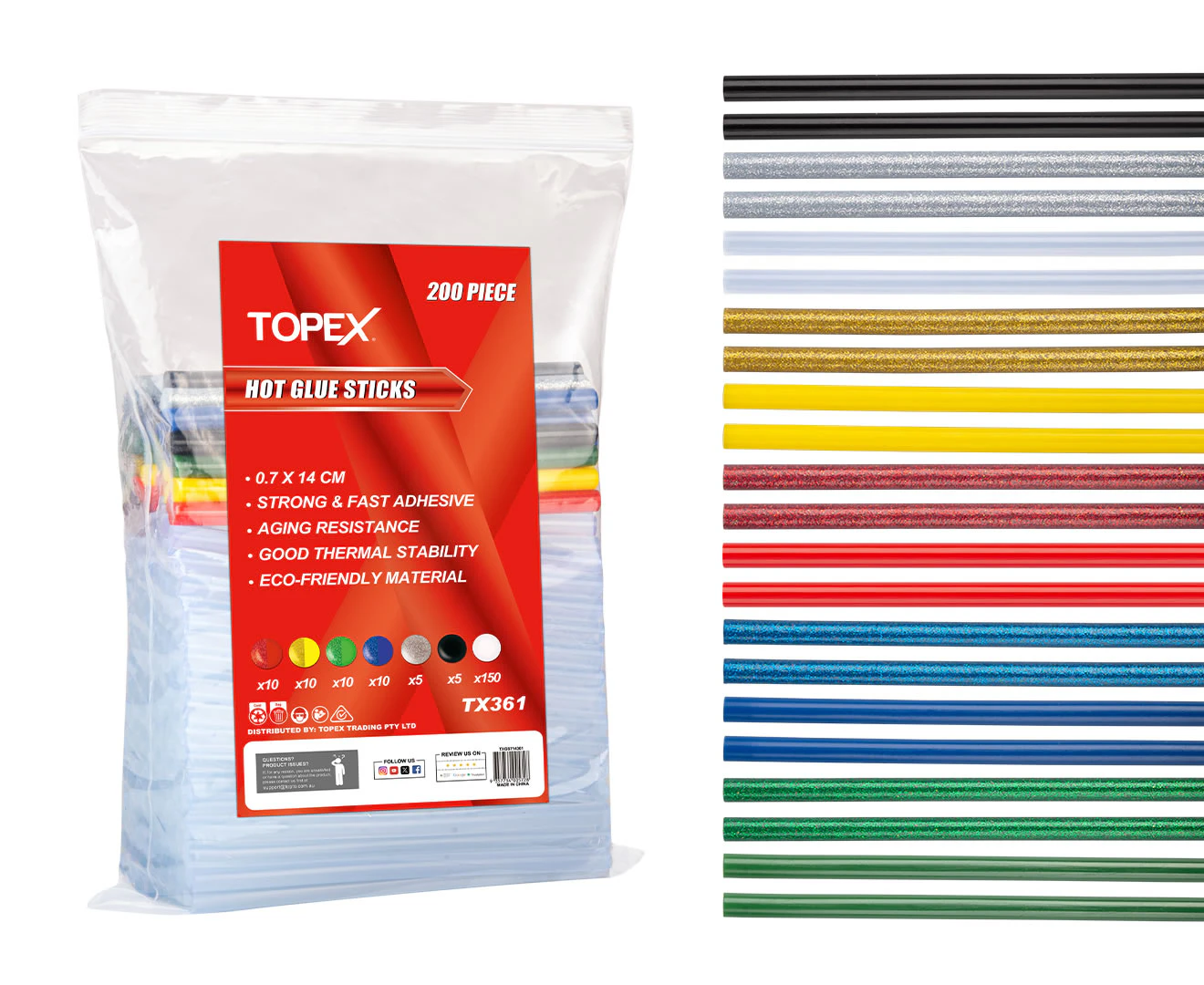 TOPEX 200pce Glue Stick Hot Melt Glue Stick Adhesive Craft Stick Glue Gun 7 X 140MM Various Color