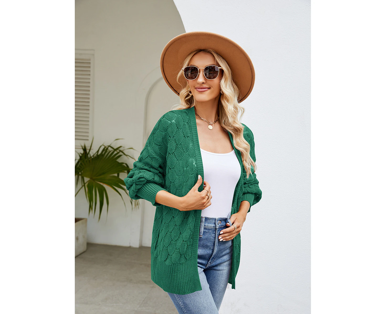 Women's fashion loose lazy wind in the long sweater jacket solid color openwork knitted sweater cardigan-Green sweater jacket