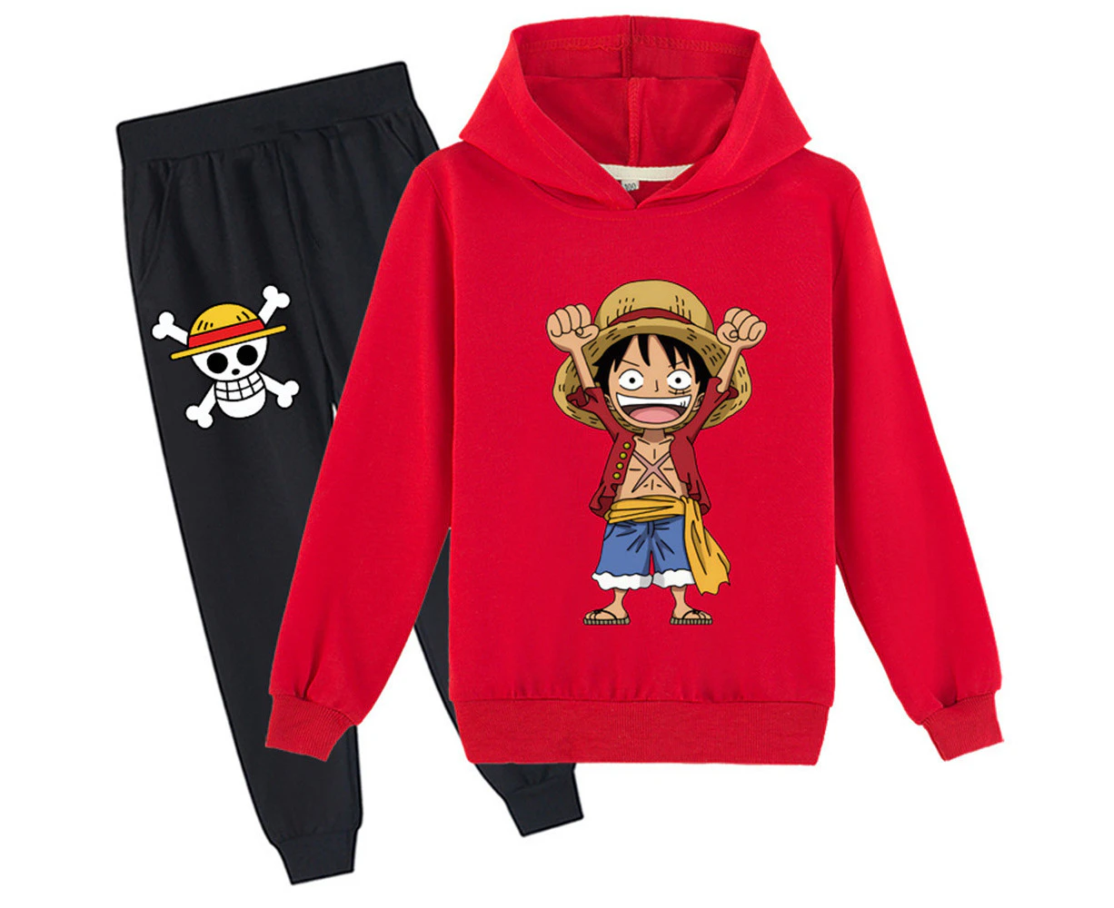 Children Girl Boy Cartoon Anime Luffy Printed Sweatshirt Hoodie and Jogger Pants Tracksuit Set - Red