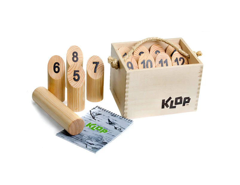 KLOP Wood Chucking Game Full KLOP kit with 12 pegs and a Chuck