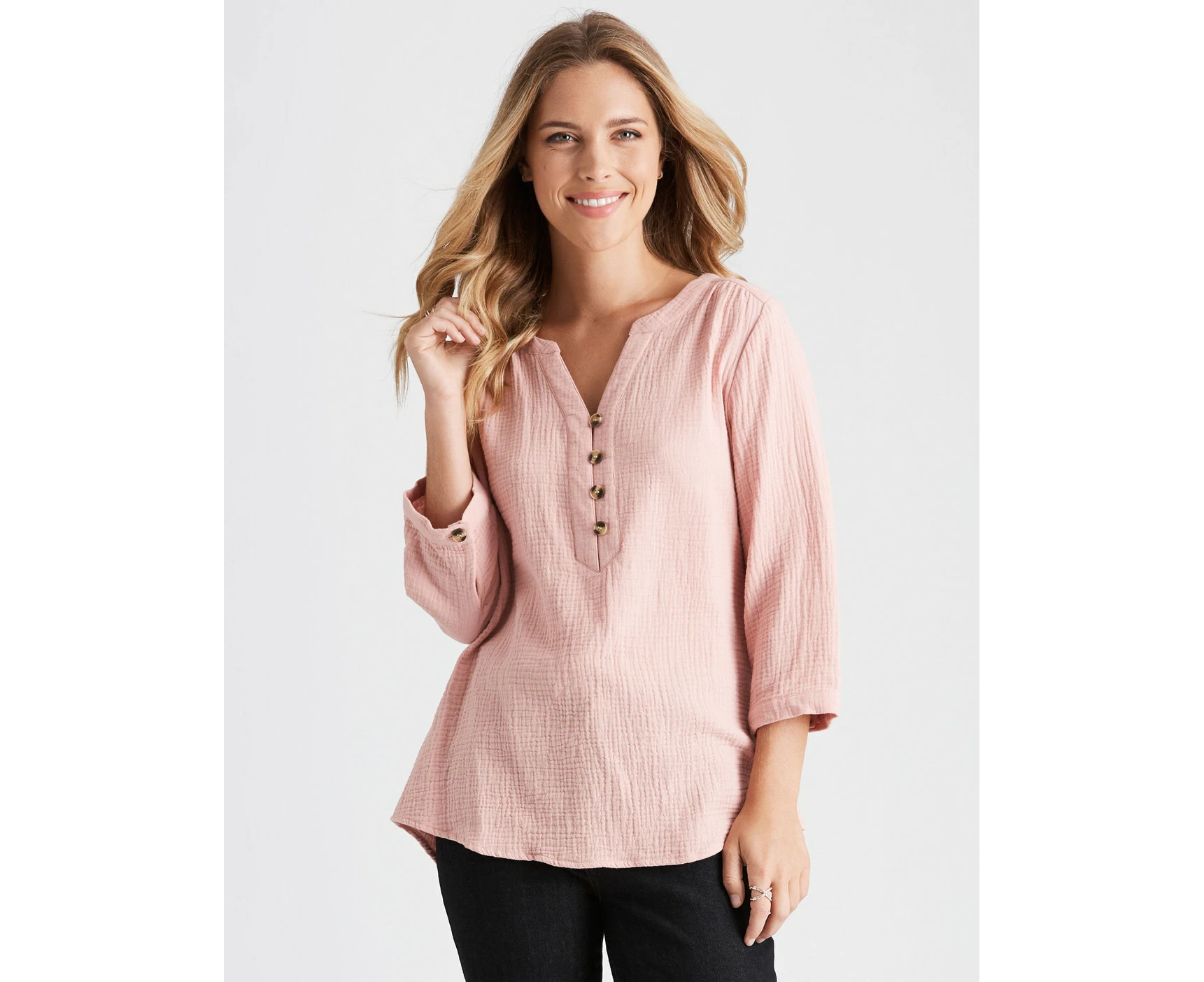 ROCKMANS - Womens Tops -  3/4 Sleeve Textured Woven Blouse - Pink