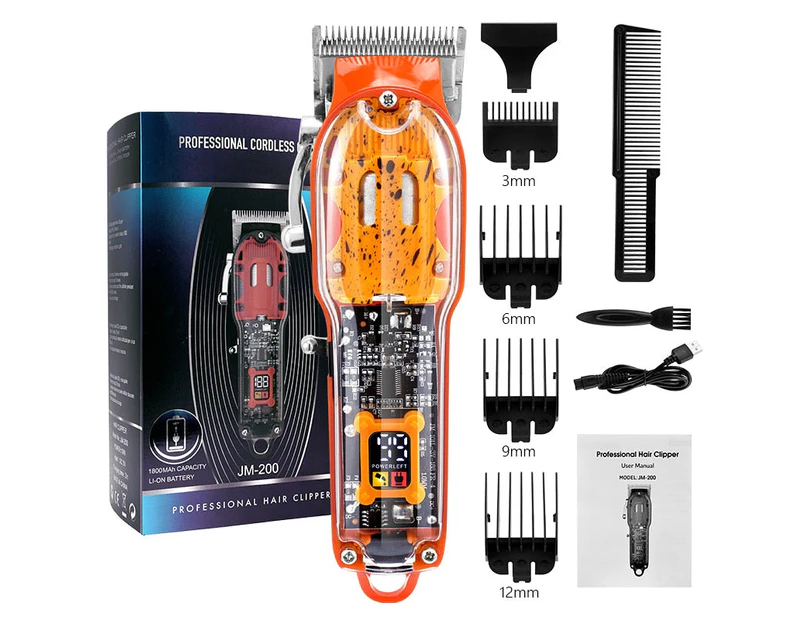 Professional Transparent Electric Trimmer Men Beard Trimming Clippers USB Rechargeable Machine Hair Cutting Clippers Shaving - Orange