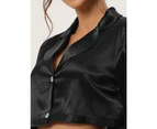 cheibear Satin Crop Loungewear Set - Black - Black