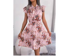 Women's Workwear Pleated Mini Dress Bow Tie Business Casual Office Dress Ruffle Sleeveless Floral A-Line Summer Dresses-green