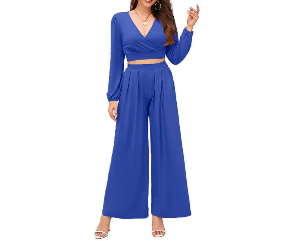 Women's two-piece suit Elegant lantern sleeve casual round neck blouse shirt high waist loose wide-legged pants suit-blue