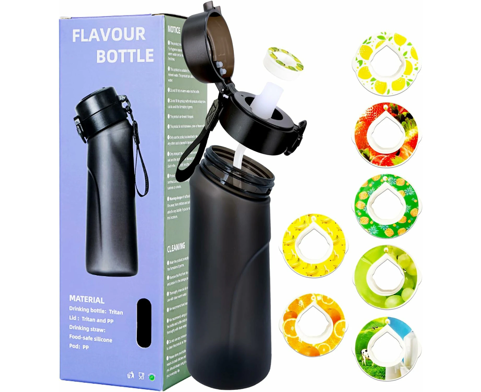 650ML Air Water Bottle with 7 Flavor Pods,  Air Drinking Water Bottle Starter Set with Flavour Capsules,0% Sugar Water Cup Suitable for Outdoor Sport