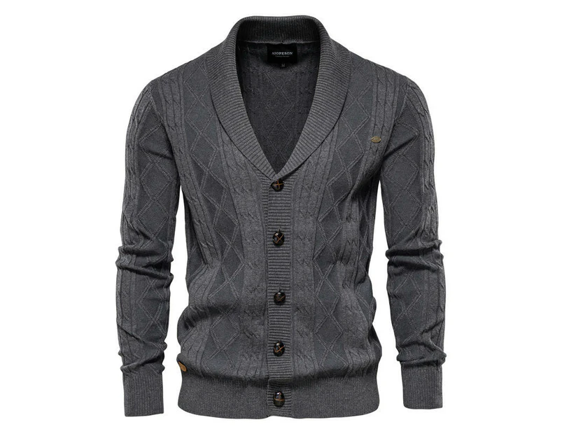 Men's Casual Long Sleeve Shawl Collar Buttons Down Cable Knit Cardigan Sweater -Dark gray